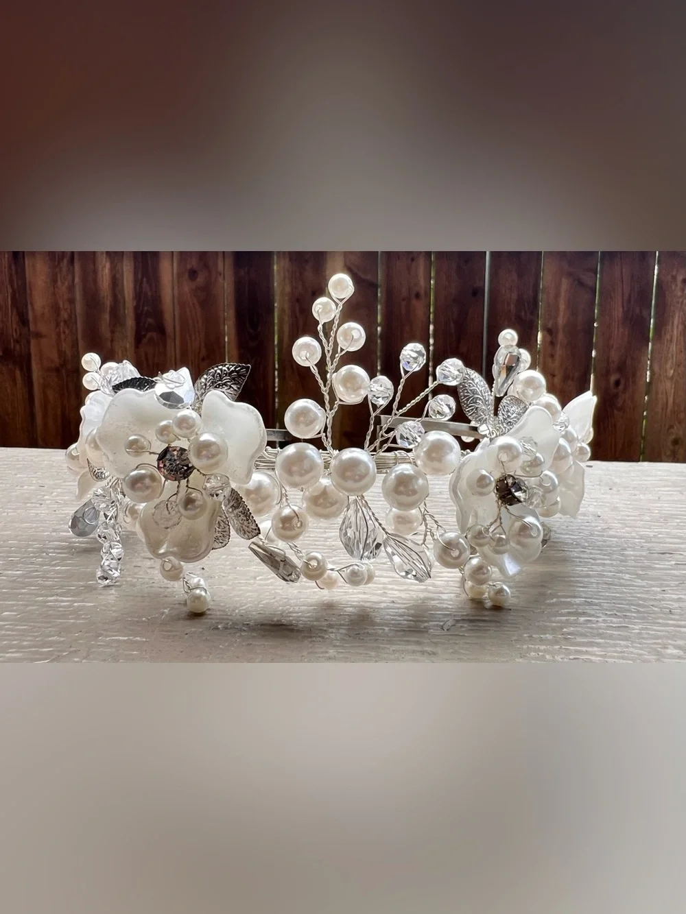 NIB Bridal Pearl Crystal Floral Headband Wedding Hair Crown Tiara White Silver